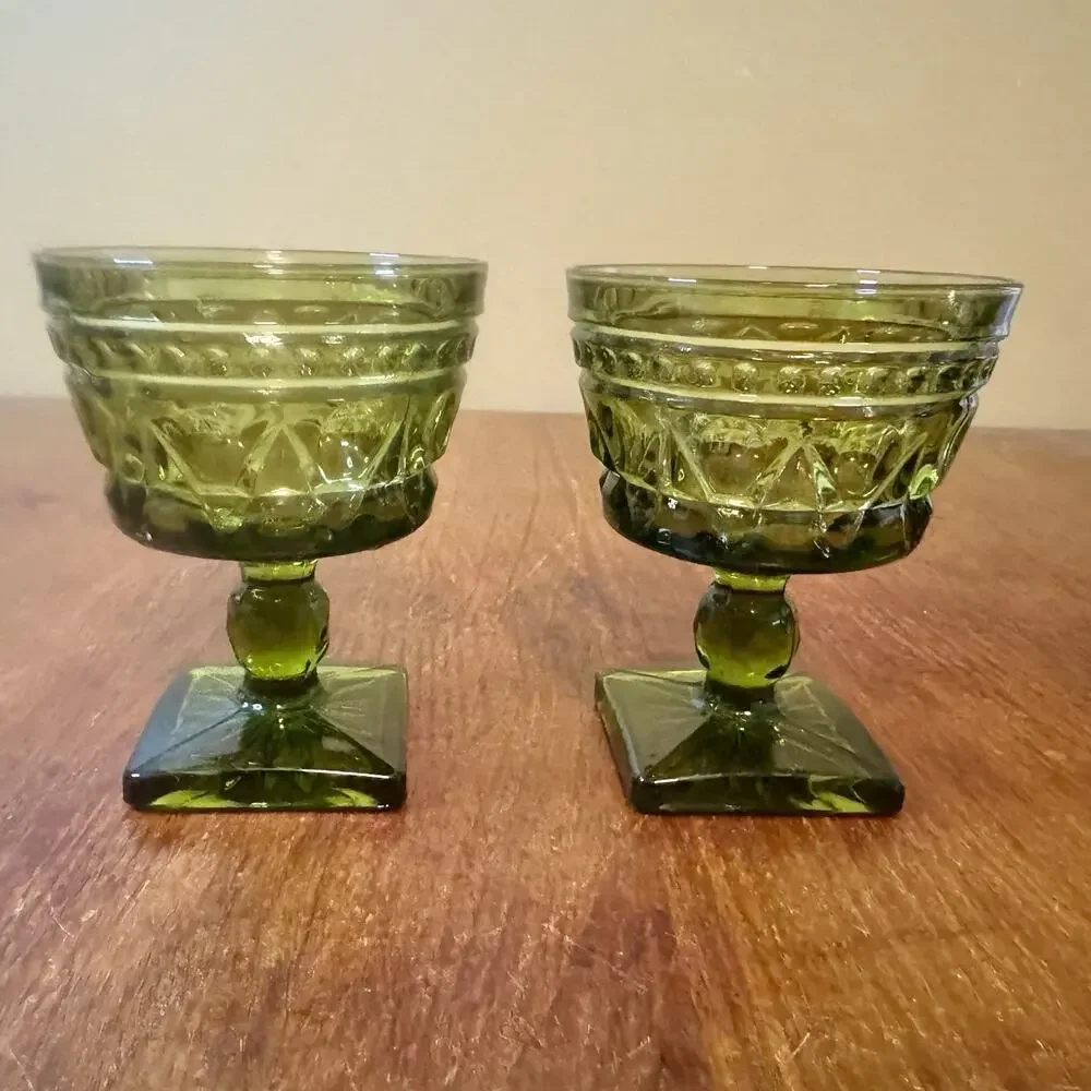 Vintage Indiana Glass Colony Avocado Green Pressed Glass Sherbet Goblets 2 MCM